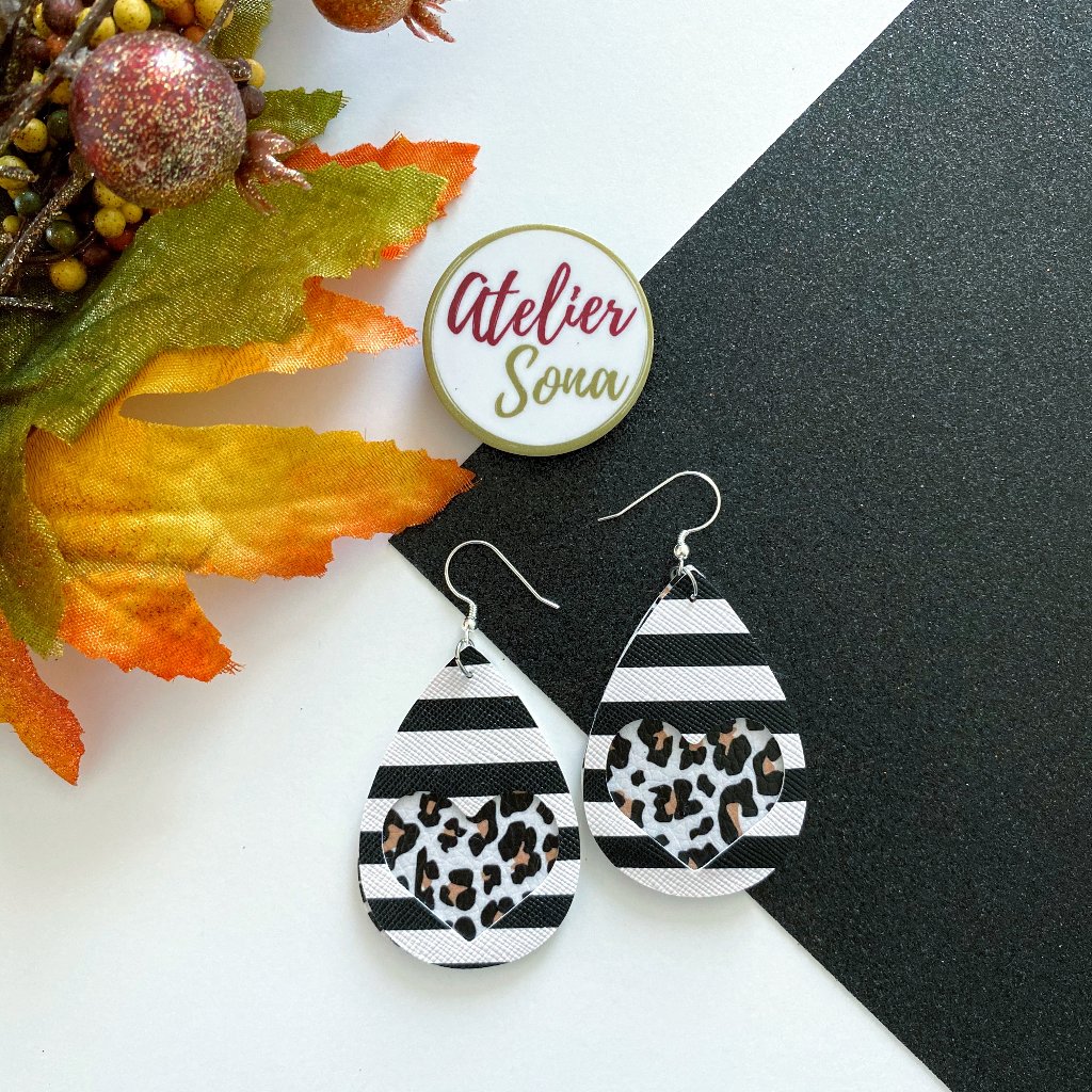 Striped Tear Drop Earrings - Leopard Print White